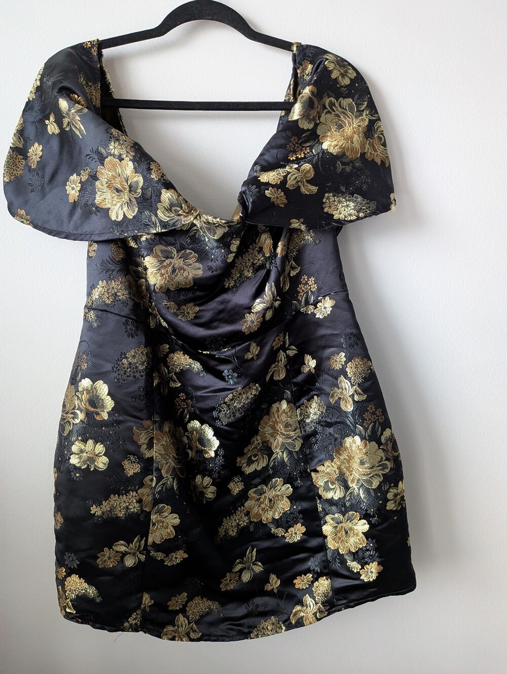 Black & Gold Floral Embroidery Oriental Off-Shoulder Mini Dress
